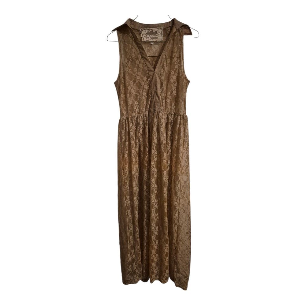 O2 Collection Beige Maxi Dress L Sheer Mesh Romantic Girly Cottage Core Floral